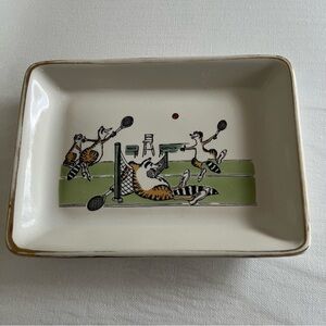 Delano Studios 60s Whimsy Trinket Dish Raccoons on Tennis Court Vintage Cartoon